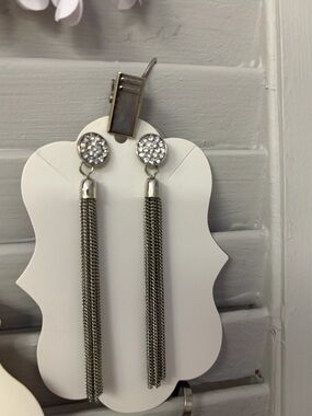 Silver Tassel Drop Earrings with Crystal Studs